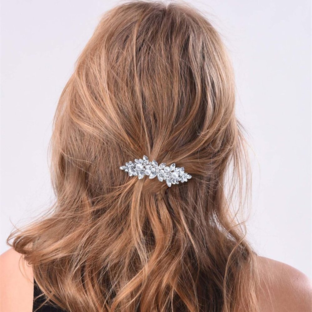 Rhinestone Pearl and Crystal Hair Barrette, Vintage Silver Bridal Hair Accessory - Picture 7 of 7
